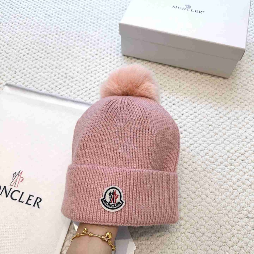 Moncler Pink Knit Hat with Pom Pom